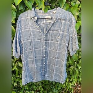 Weatherproof Vintage Shirt Mens XL Blue Plaid Washable Linen blend  Short Sleeve